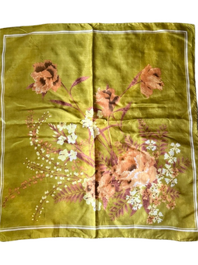 VTG Sears Olive Green Floral Scarf with Peach and Cream Blooms